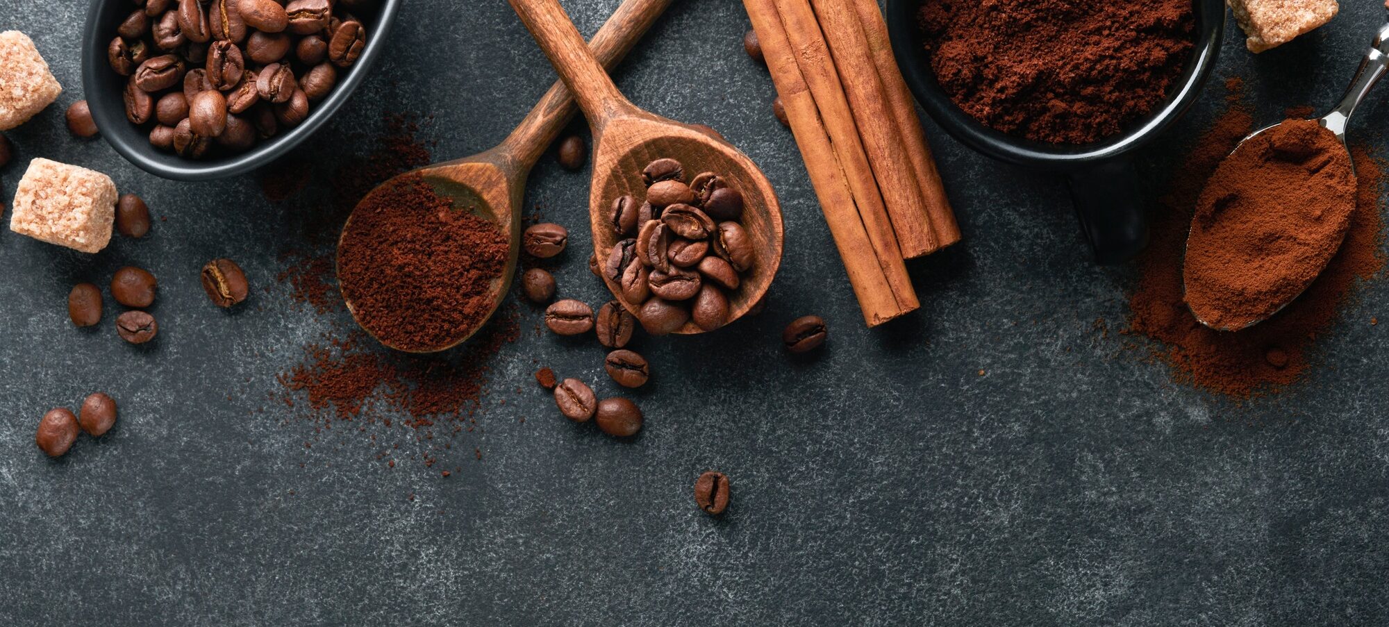 Coffee beans background. Roasted Coffee concept with differents types of coffee, coffee beans and ci